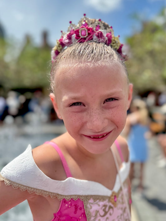 Aurora Inspired Enchanted Rose Tiara – Princess-Inspired Pink and Gold Crown